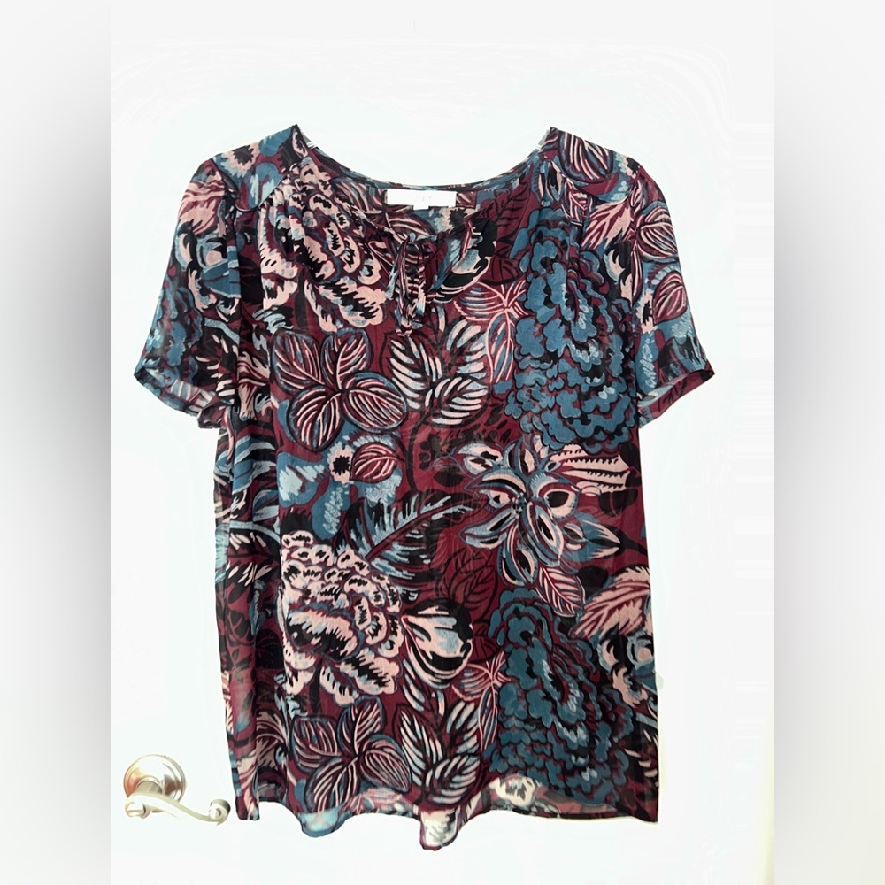 LOFT Sheer Floral Short Sleeve Print Top Large